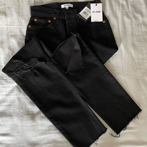 NWT Re/Done black High-Rise Distressed Ankle Crop Jeans with frayed hem, size 24